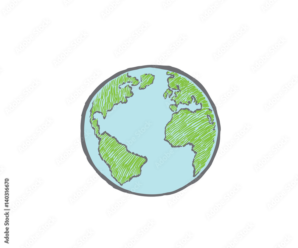 Earth icon hand-drawn on white background. World map in doodles or globe retro style. Environment design for earth day.