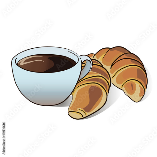 Coffee and croissant on white background.French breakfast.