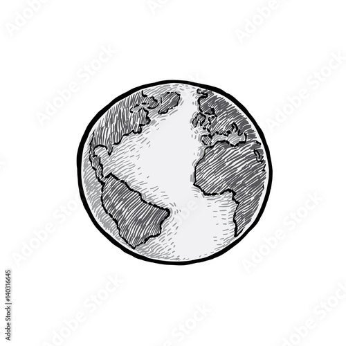 Earth icon hand-drawn on white background. World map in doodles or globe retro style. Environment design for earth day.