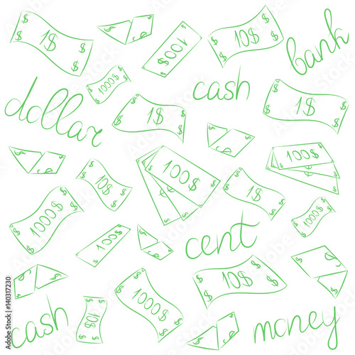 Green Hand Drawn Banknotes. Doodle Money Rain. Scribble Drawings of Cash. Sketch Style. Vector Illustration.