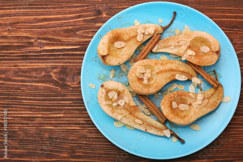 Baked Pears with Walnuts, Cinnamon, and Honey. Healthy Dessert Recipe