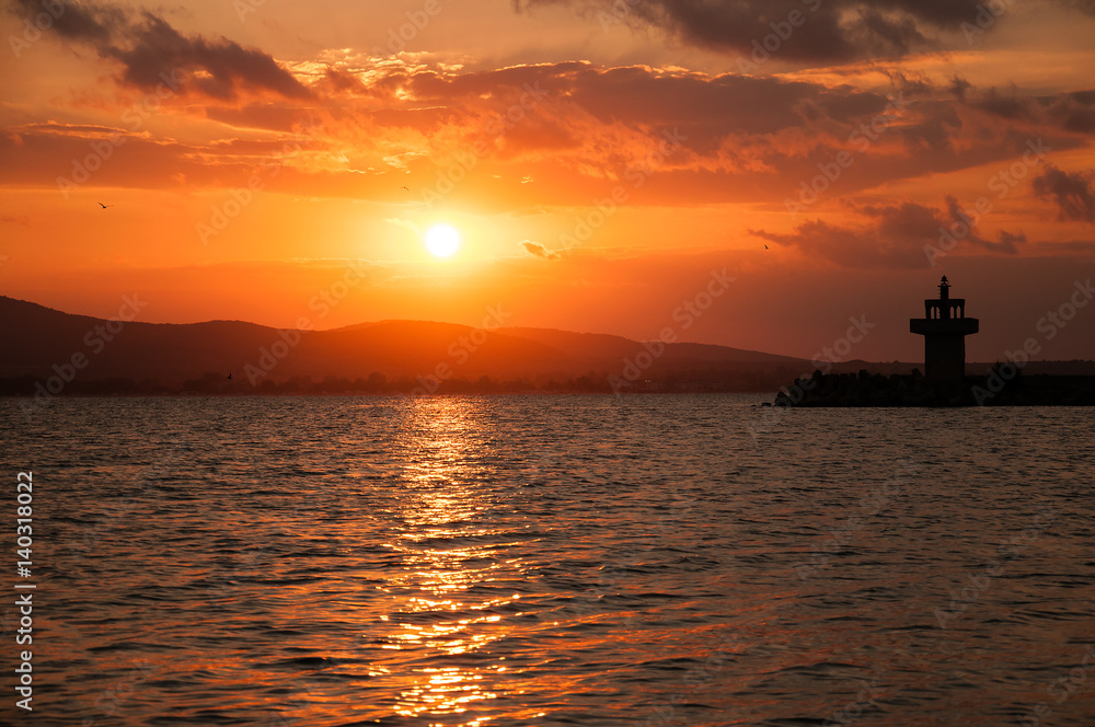 A beautiful bright sunset on the Black Sea. Sozopol, Bulgaria.