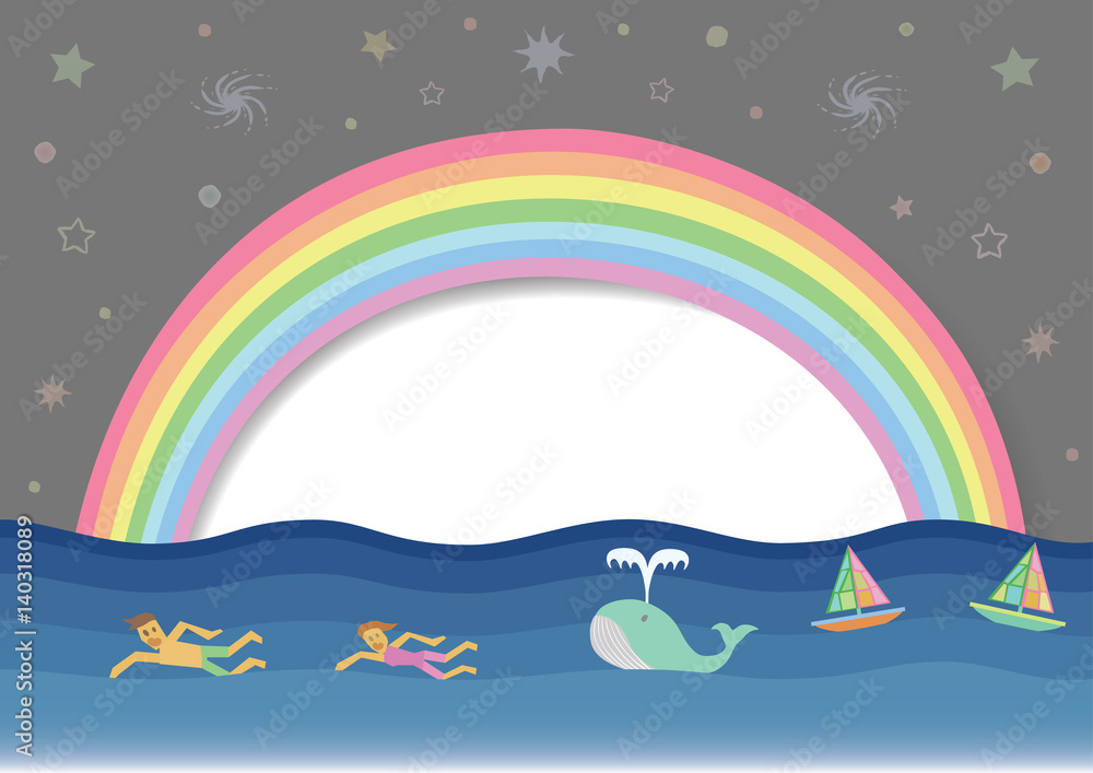 Rainbow cartoon with human swimming in the sea. Colors background with sky  and sun white or speech bubble. Concept environmentally friendly for earth  day. Stock Vector | Adobe Stock