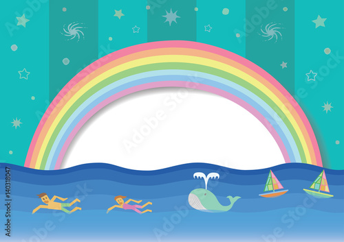 Rainbow cartoon with human swimming in the sea. Colors background with sky and sun white or speech bubble. Concept environmentally friendly for earth day. © eakgaraj