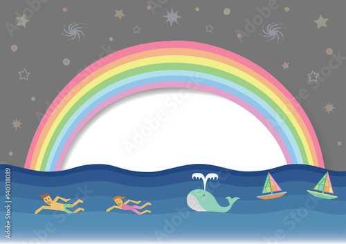 Rainbow cartoon with human swimming in the sea. Colors background with sky and sun white or speech bubble. Concept environmentally friendly for earth day.