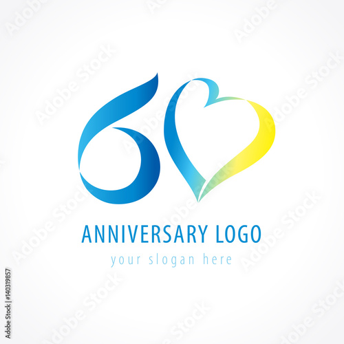 Anniversary 60 years old hearts celebrating vector digit logo. Birthday greetings with framed tape heart shape. Holiday abstract numbers or letter o. Lovely card with celebrating figures 60 th.