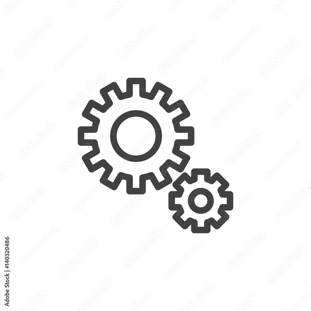 Gear, cogwheel line icon, outline vector sign, linear style pictogram isolated on white. Configuration, settings symbol, logo illustration. Pixel perfect Gear, cogwheel line icon, outline vector sign, linear style pictogram isolated on white. Configuration, settings symbol, logo illustration. Pixel perfect