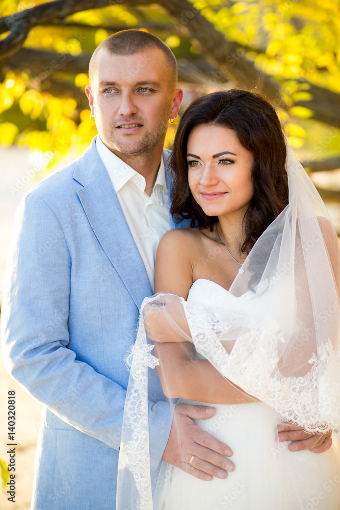 Portrait of Couple of lovers newlyweds on nature. Brunette bride in wedding dress with a beautiful hairstyle, veil and makeup and her husband in a suit Portrait of Couple of lovers newlyweds on nature. Brunette bride in wedding dress with a beautiful hairstyle, veil and makeup and her husband in a suit