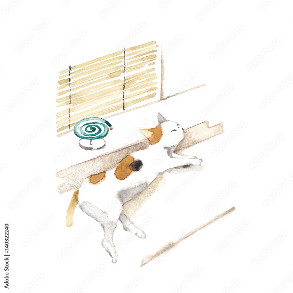 夏猫 すだれ 蚊取線香 Stock イラスト Adobe Stock