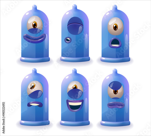 Funny vector condoms set. Colorful emotions set. Safe sex education poster