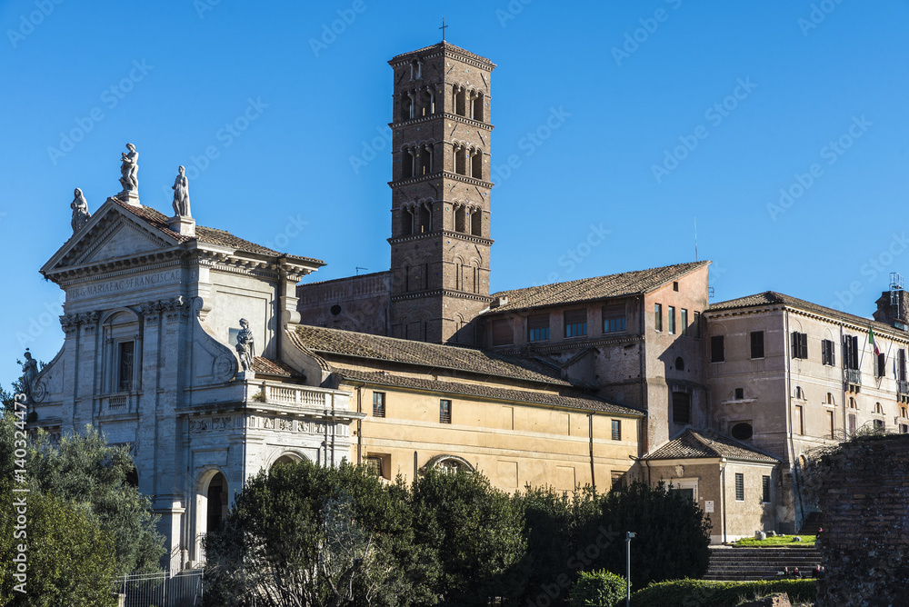 Church and bell tower in Rome, Italy.