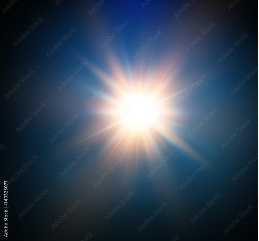 star on a blue background.bright flash.Realistic burst with flare. Vector illustration.EPS 10.