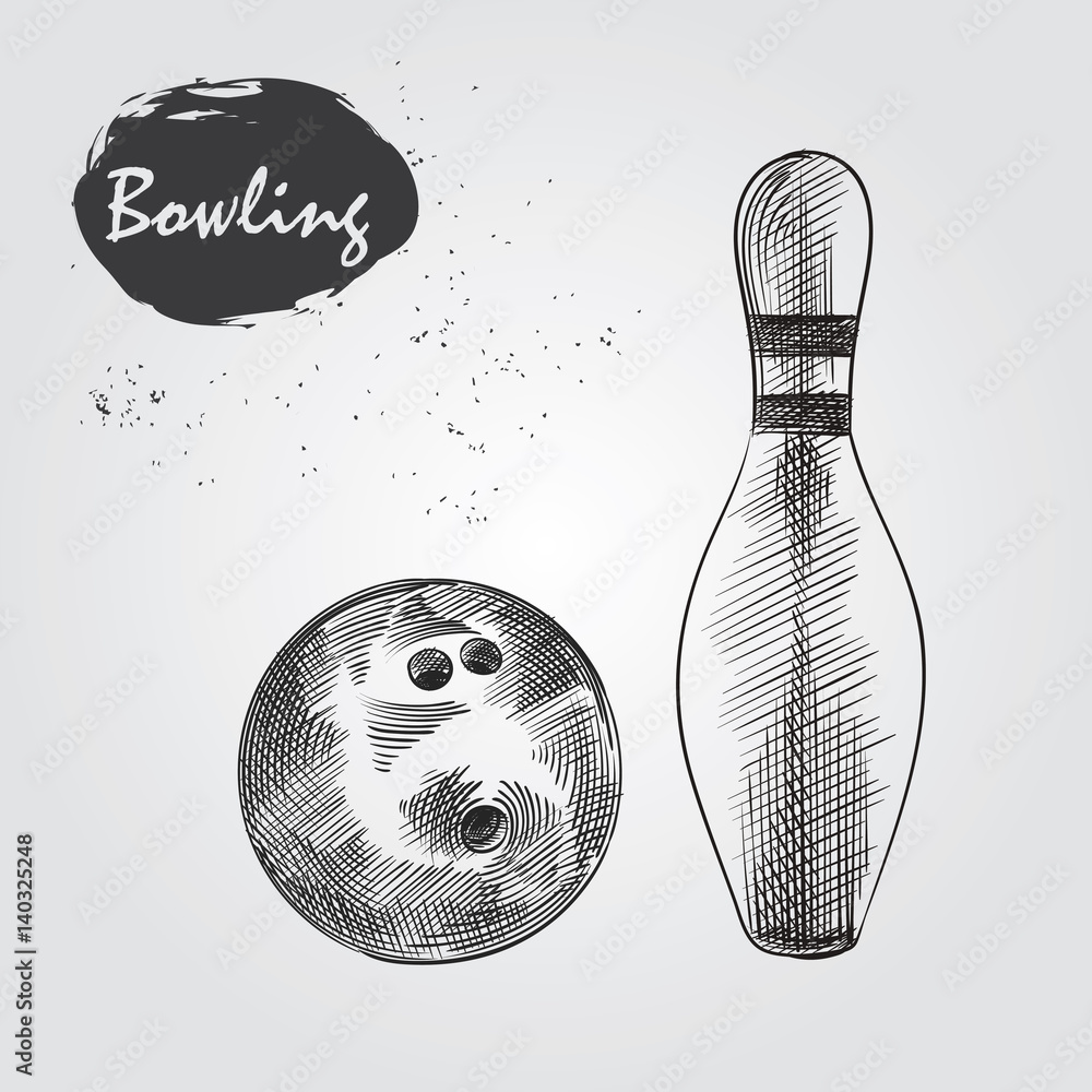 Hand drawn Bowling pin and ball sketch isolated on white background. Sport items in sketch style