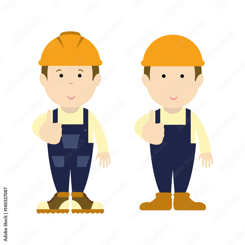 Road builder man. Funny cartoon handyman. Handyman wearing work clothes. Road builder man character isolated - vector illustrati Road builder man. Funny cartoon handyman. Handyman wearing work clothes. Road builder man character isolated - vector illustrati