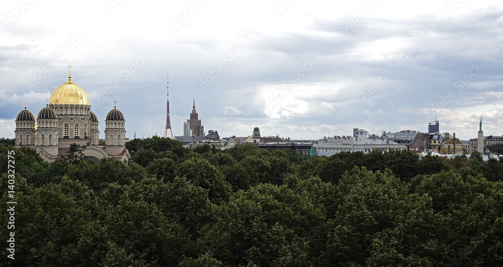 Riga, a panoramic view towards the old city and the Orthodox Cathedral.