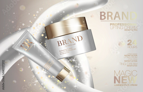 Cosmetic cream package set. White containers with golden caps and glitter. Makeup box ads 3d illustration design