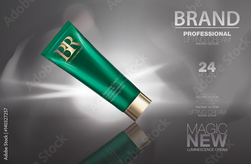 Cosmetic cream package set. Green container on shady gray background. Men's makeup tube ads 3d illustration design