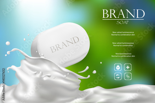 Soap advertisement design. Vector wash soap background. Laundry detergent package design banner