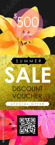 Floral flayer, discount voucher, gift sertificate vector template. Trendy summer illustration. Tropical flovers and glittering gold texture.