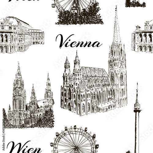 Set of Vienna symbols seamless pattern vector set. Donauturm, Stephansdom, Rathaus, Prater, Vienna State Opera House.