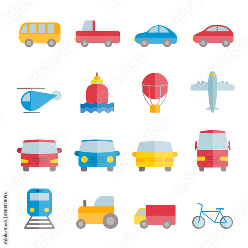 Collection of vector colorful flat transportation icons for web, mobile apps, print design