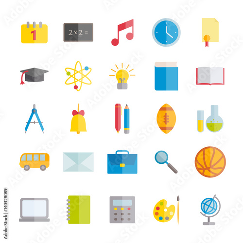 Collection of vector flat icons: schools and education. Colorful flat icons  for web, print or mobile apps design