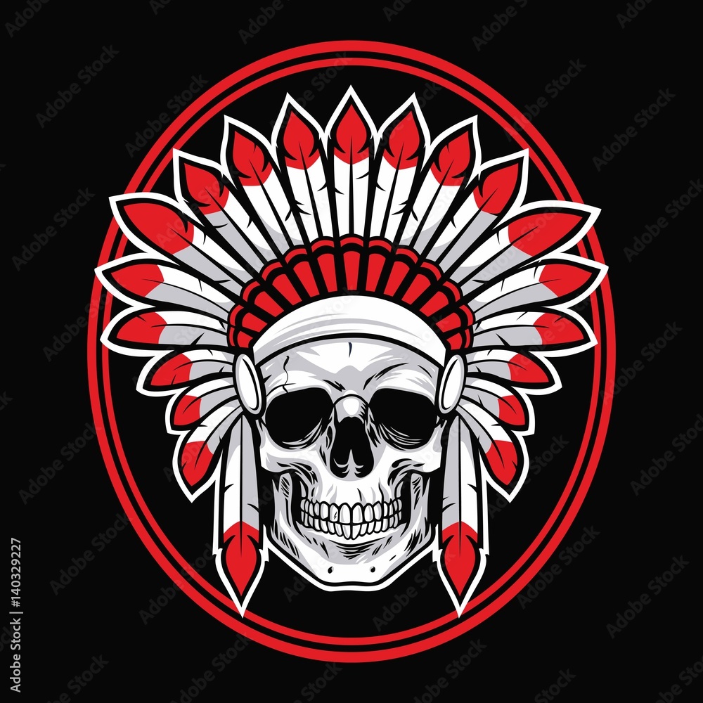Skull of Indian Native American Warrior Vector With Red Feather