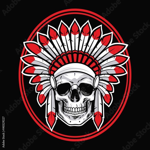 Skull of Indian Native American Warrior Vector With Red Feather