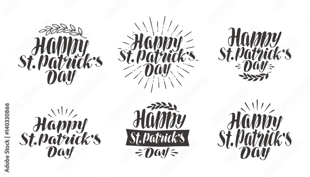 Fototapeta premium Happy St. Patrick's Day, greeting card. Holiday icons, label set. Lettering, calligraphy vector illustration