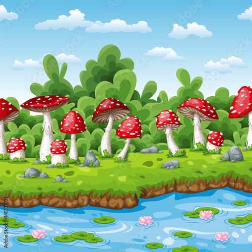 Landscape of some fly mushrooms and water