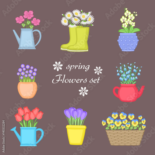 Spring flowers set. Bouquet of flowers planted in different pots. Watering can, basket, rubber boots. Orchid, chamomile, bells, tulips, violets, crocuses. Vector illustration. 