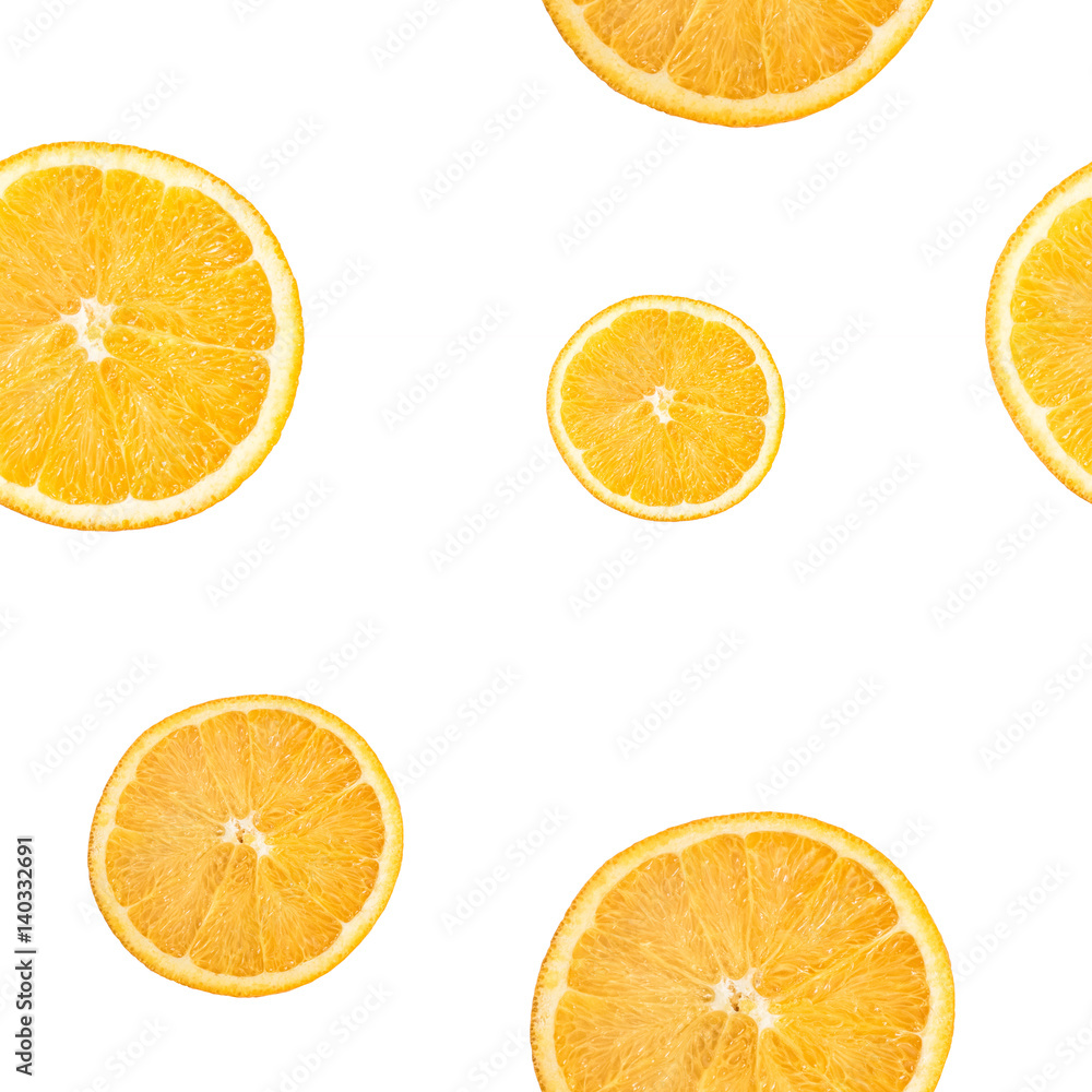 Slices of citrus, lemon, orange wedges seamless pattern isolated on a white background. Top view
