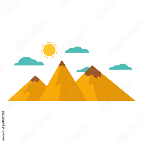 Cartoon landscape. Mountains  clouds and sun on white background