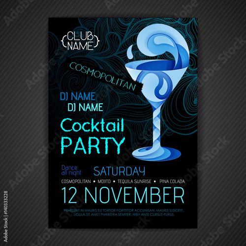 Disco cocktail party poster. 3D cocktail design.