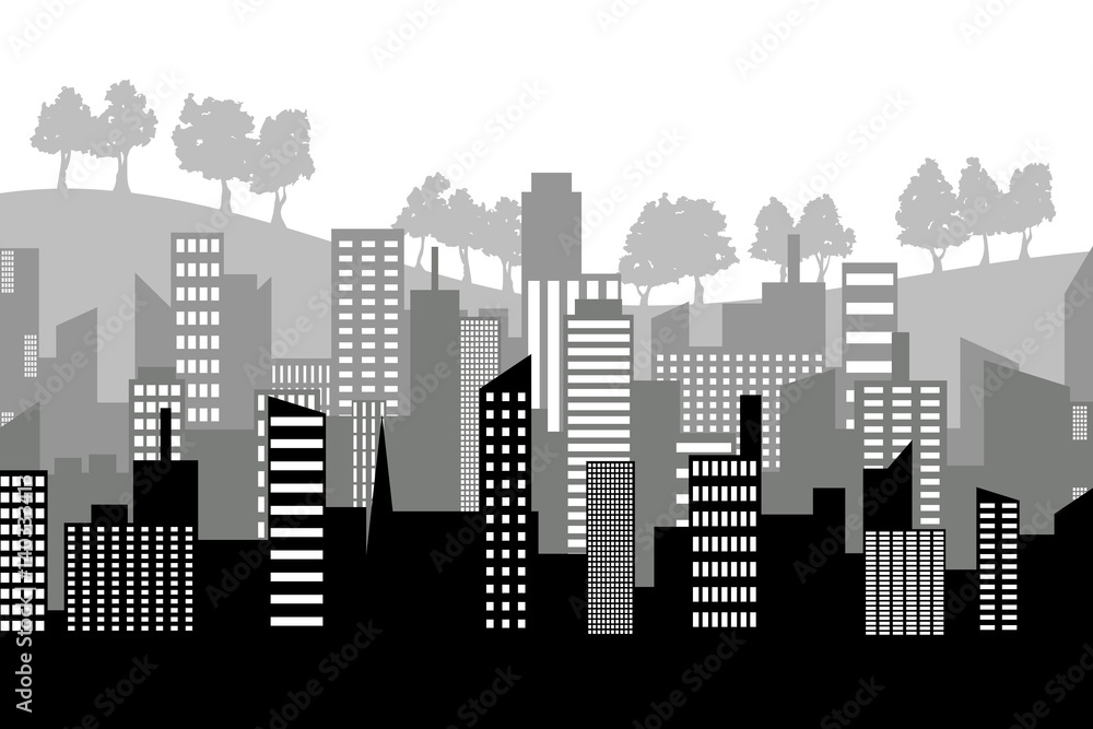  Black random city skyline Vector many layers with trees. On white background.