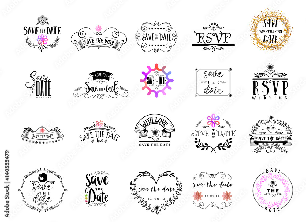 Badge as part of the design - Save the Date Sticker, stamp, logo - for design, hands made. With the use of floral elements, calligraphy and lettering Badge as part of the design - Save the Date Sticker, stamp, logo - for design, hands made. With the use of floral elements, calligraphy and lettering
