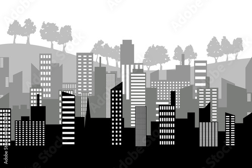  Black random city skyline Vector many layers with trees. On white background.