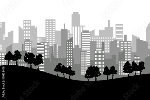  Black random city skyline Vector many layers with trees. On white background.