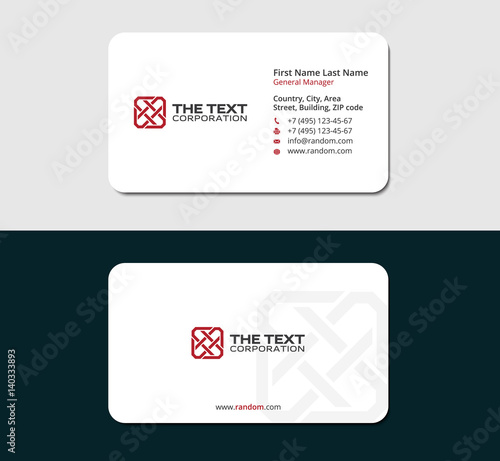 white business card with square logo, red color