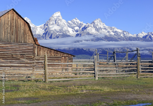Rural landscape with Vvntage barn and the Teton Range, Grand Teton National Park, Wyoming, USA