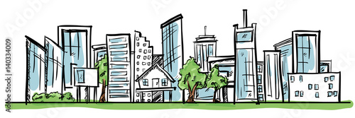 Cartoon Hand Drawing City and Trees with color. Vector on white background