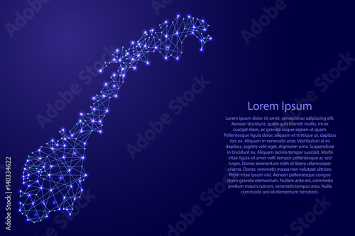 Map of Norway from polygonal blue lines and glowing stars vector illustration