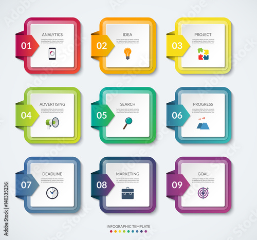 Set of 9 square templates for infographics. Colorful vector banners. Can be used for workflow layout, report, number and step options, web design.