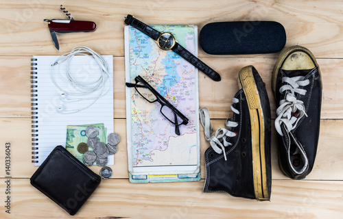 Top view of Traveler's accessories, Essential vacation items, Travel concept background.
