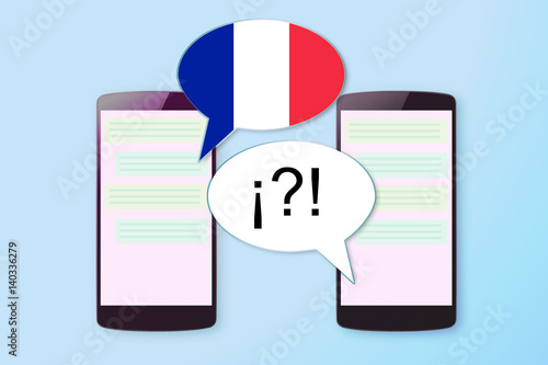 Two mobiles in a chat communication in French and other language. Empty copy space for Editor's content.