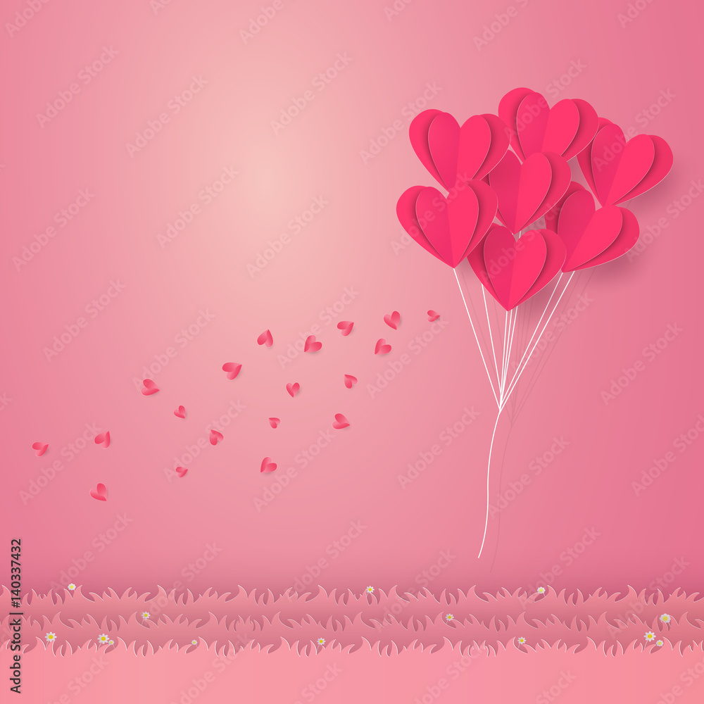 Valentines day , Illustration of love ,  Heart balloons flying over grass, paper art style