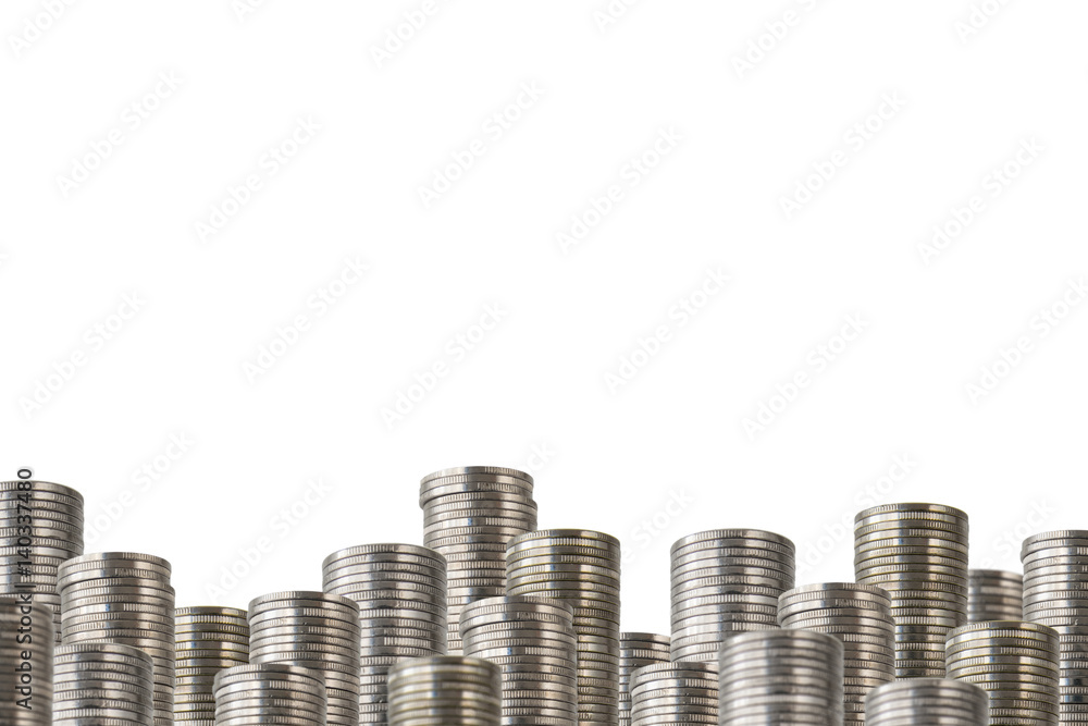 Rows of coin stacks isolated on white. lower decoration with money.
