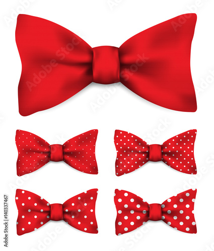Red bow tie with white dots realistic vector illustration set isolated on white