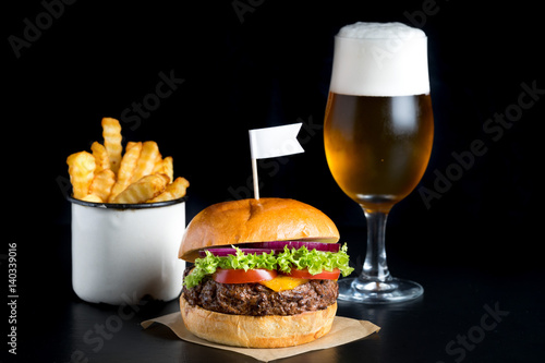 fresh beef grilled burger hamburger salad isolated space text real meat men food beer