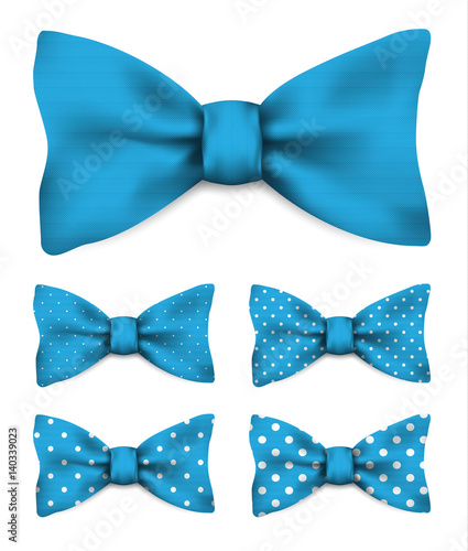 Blue bow tie with white dots set realistic vector illustration isolated on white